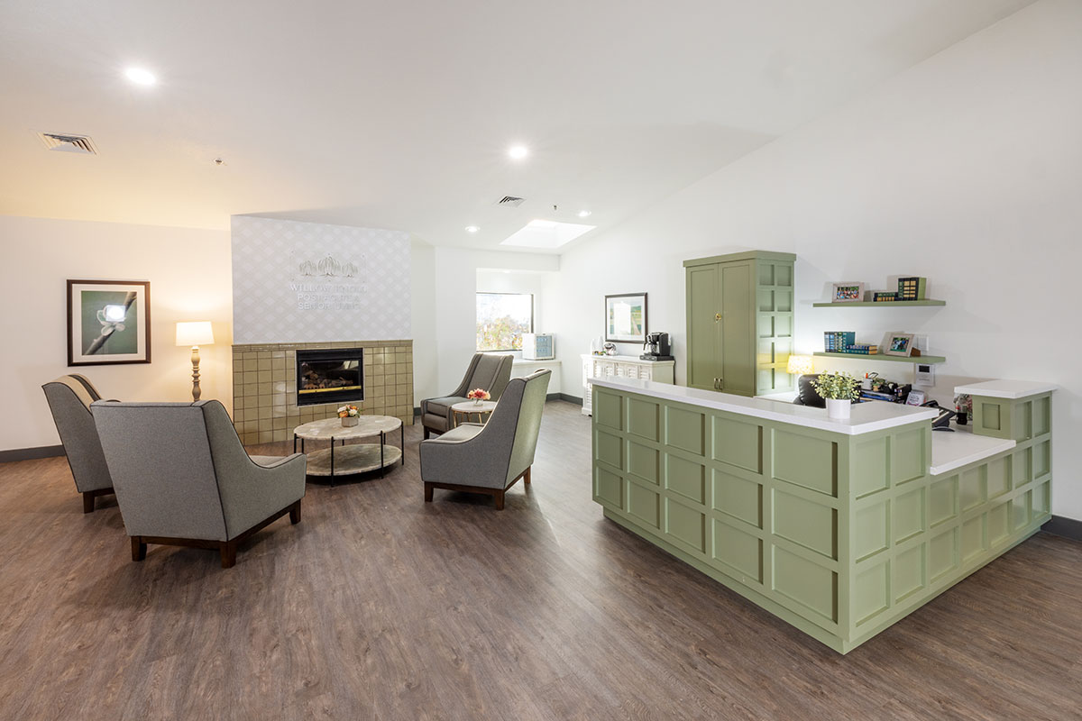 the front lobby and soft seating of the Willow Knoll facility